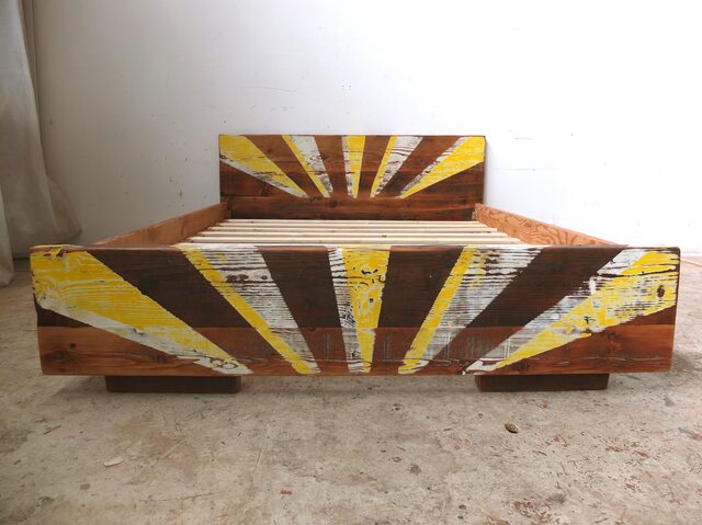 Patterned timber bed | Custom Handmade by Tim Denshire-Key - Bed, Recycled Timber, Oregon, Bedroom, Pattern, Custom, Apartment Furniture, Rustic, Industrial
