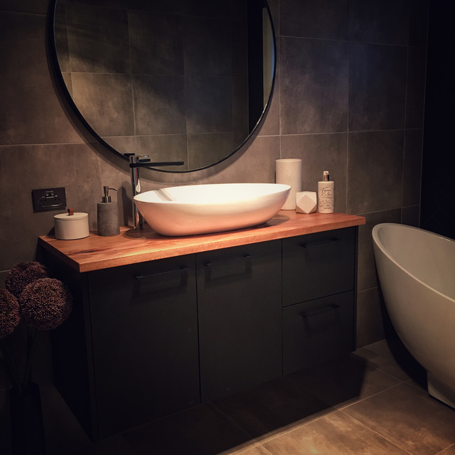 Custom timber bathroom vanity top by Retrograde Furniture Handkrafted