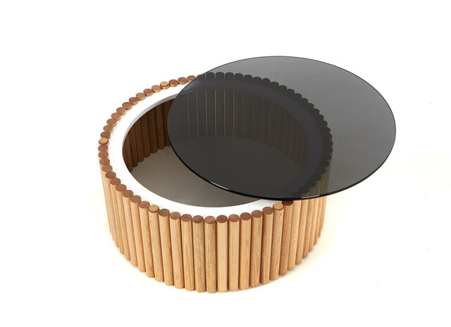 Dowel Coffee Table | Custom Handmade by So Watt - Storage, Oak, Dowel, Tinted Glass, Living Room, Corporate