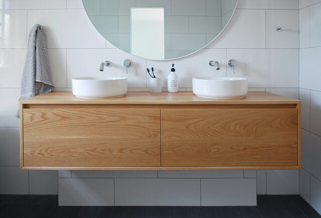 Bathroom Vanity | Custom Handmade by Raw Edge Furniture - American Oak, Danish Design, Scandanavian, Mid Century, Benchseat, Bench Seat, Turned Legs, Wood Turning, Wood Turned, Oak