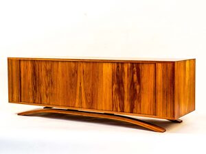 Hazy Sunset Record Cabinet | Custom Handmade by Matthew Wheeler - Credenza, Record Cabinet, Mid Century Modern, Tambour, Secret Compartment