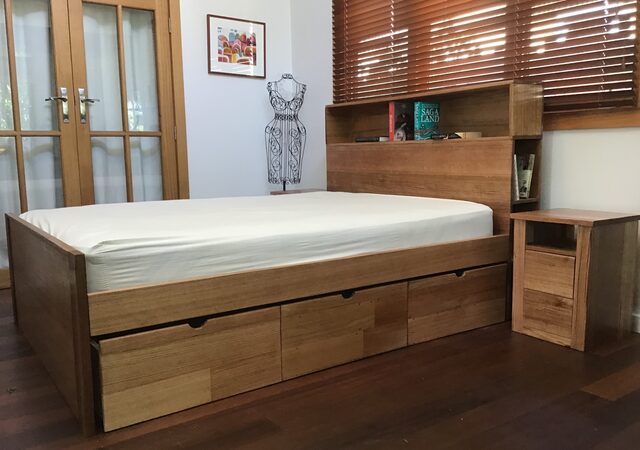 BOOKCASE BED WITH DRAWERS AND SIDE TABLES RECYCLED AUSTRALAIN HARDWOOD | Custom Handmade by Peter Wenborn - (, )