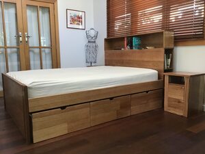 BOOKCASE BED WITH DRAWERS AND SIDE TABLES RECYCLED AUSTRALAIN HARDWOOD | Custom Handmade by Peter Wenborn - (, )