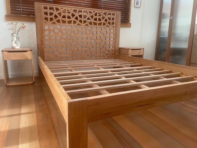 MOORISH QUEEN SIZE BED BASE WITH SIDE TABLES :  RECYCLED AUSTRALAIN HARDWOOD | Custom Handmade by Peter Wenborn - (, )