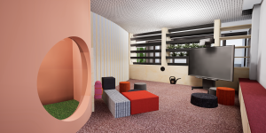 Rotating plant wall and breakout spaces