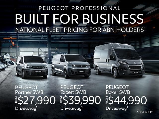 <h4>Our PEUGEOT Professional Expert, Partner & Boxer Vans are Built for Business.<br>Take advantage of our National Fleet Pricing for ABN Holders<sup>1</sup> today.</h4>
<p>New PEUGEOT Commercial Offers:</p>
<ul>
<li>PEUGEOT Partner SWB Van from $27,990 driveaway<sup>2</sup></li>
<li>PEUGEOT Expert SWB Van from $39,990 driveaway<sup>2</sup></li>
<li>PEUGEOT Boxer SWB Van from $44,990 driveaway<sup>2</sup></li></ul>
<p>Offer ends 31st March 2021.<p></ul>Contact %%dealerName%% today to take advantage of this offer.<p>