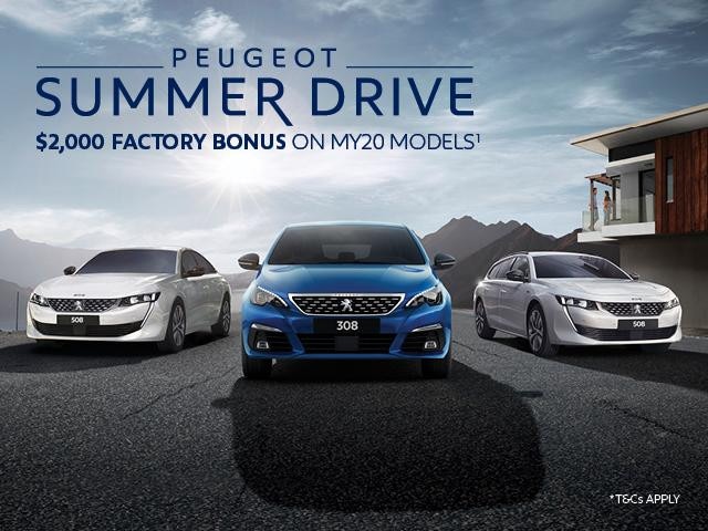 <h4>Now is the perfect time to take advantage of PEUGEOT's Summer Drive.</h4>Receive $2,000 Factory Bonus on all MY20 PEUGEOT passenger models<sup>1</sup><br>PLUS up to 3 Years Free Scheduled Servicing<sup>2</sup> on the following vehicles:
<ul>
<li>3 Yrs/45,000kms Free Scheduled Servicing<sup>2</sup> on PEUGEOT 308 models</li>
<li>3 Yrs/60,000kms Free Scheduled Servicing<sup>2</sup> on PEUGEOT 508, 3008 and 5008 models</li>
</ul><p>Offer ends 31st January 2021.<p>Contact %%dealerName%% today to take advantage of this offer.<p>