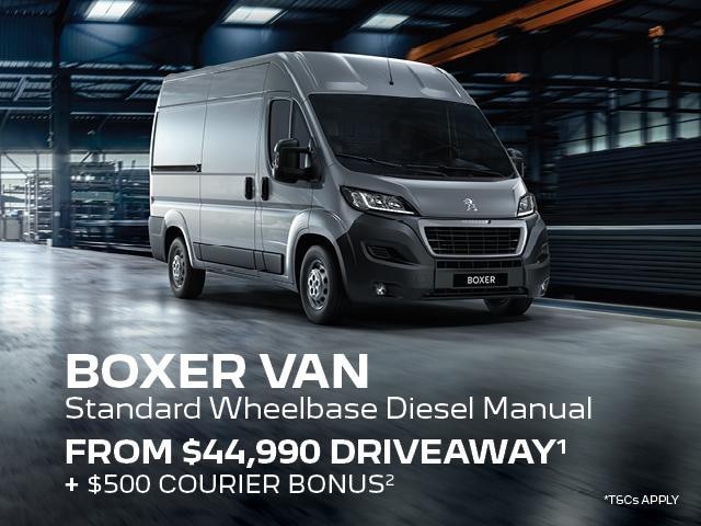 <h4>Our PEUGEOT Professional Boxer Van is Built for Business.<h4>
<h4>Take advantage of our Mid Year Offer today</h4>
<p>New PEUGEOT Commercial Offer:</p>
<ul>
<li>PEUGEOT Boxer Standard Wheelbase Diesel Manual Van from $44,990 driveaway<sup>1</sup> Plus $500 Courier Bonus<sup>2</sup></li></ul>
<p>Offer ends 30th June 2021.<p></ul>Contact %%dealerName%% today to take advantage of this offer.<p>