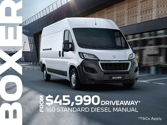<h4>The PEUGEOT Boxer Van is the largest of the Light Commercial Vehicle range and features technology that simply makes life easier, whether you are on the road, at a job or on the worksite.<h4>
<h4>Between the 1st July and September 30th, you will be able to take advantage of our Driveaway offer</h4>
<ul>
<li>From $45,990 Driveaway<sup>1 </sup>the PEUGEOT Boxer 160 Standard Diesel Manual will be yours.</li>
<li>5 year/200,000km warranty<sup>2 </sup>+ 5 year Roadside assist<sup>3 </sup>.</li>
</ul>Contact %%dealerName%% today to find out how the Peugeot Boxer will simplify your life.<p>