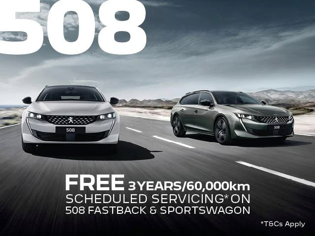 <h4>The PEUGEOT 508 is a Sleek, Elegant and Boldly designed vehicle which is guaranteed to turn heads. We can offer you all that in the Peugeot 508 as well as the peace of mind of 3 years/60,000km Free Scheduled Servicing<sup>1</sup>.</h4>
<h4>Between the 1st July - 30th September you will receive:</h4>
<ul>
<li>3 years/60,000kms Free Scheduled Servicing<sup>1</sup> on the new and demonstrator MY21 PEUGEOT 508 Fastback and Sportswagon models.</li>
<li>5-year Unlimited KM Warranty<sup>2</sup> + 5-year Roadside Assist<sup>3</sup>.</li>
</ul>
<p>Contact %%dealerName%% today to find out more.<p>