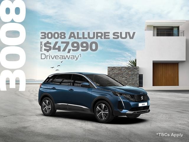 <H4>Are you looking for a sleek SUV which combines technology with elegance, then the PEUGEOT 3008 Allure SUV could be the one for you.</H4>
<p>Between the 1st October and 30th November 2021, you will be able to take advantage of our Driveaway<sup>1 </sup>offers</p>
<ul>
<li>From $47,990 Driveaway<sup>1 </sup>the MY21 Peugeot 3008 Allure SUV will be yours.</li>
</ul>
<p>Or if you you were looking for an SUV with a little more luxury and features why not consider the Peugeot 3008 GT SUV, it could be yours from $50,990 Driveway<sup>1 </sup></p>
</ul>Contact %%dealerName%% today to find out how you can own a piece of French luxury with the Peugeot 3008 SUV.<p>