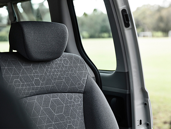 Woven cloth two-tone grey seats.