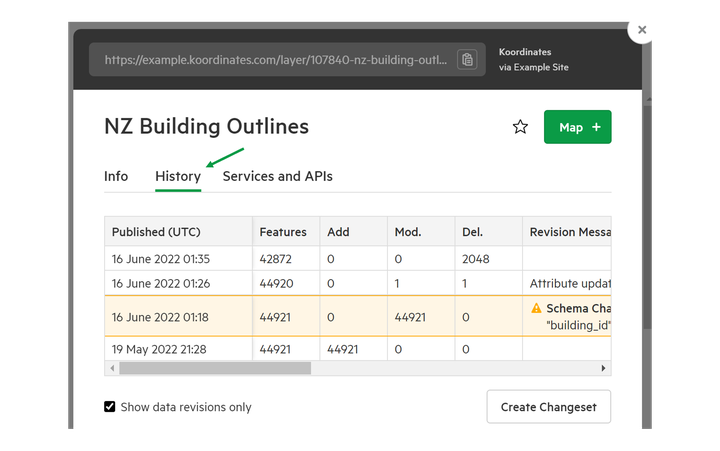 Export versioned data using a changeset | Koordinates Help & Support
