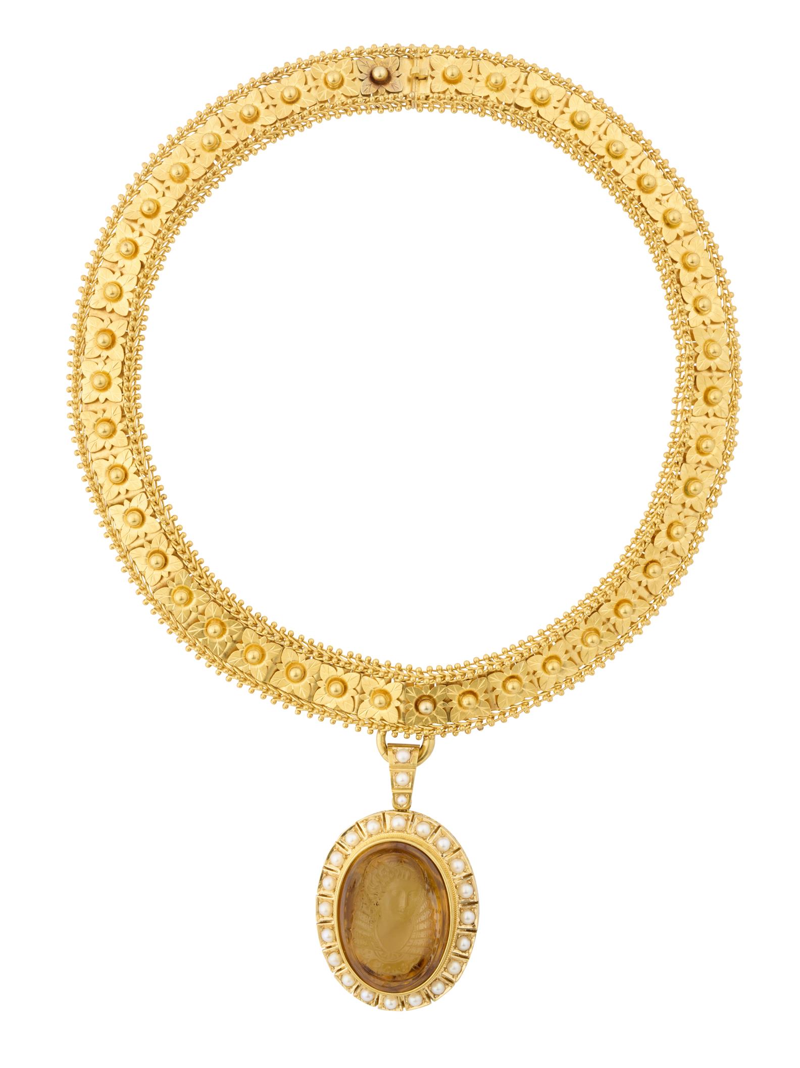 KILPATRICK & CO, 18CT GOLD, SEED PEARL AND CITRINE CAMEO COLLAR, AUSTRALIAN, CIRCA 1870 Leonard Joel