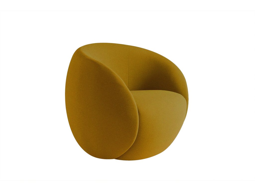 Greg Natale designer selects Roche Bobois mustard rounded armchair with a low back