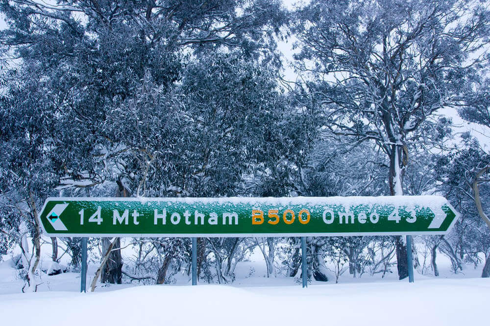Snowy Sign to Mt Hotham and Omeo