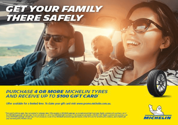 Buy 4 Michelin Tyres and receive up to a $100 gift card.