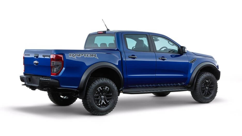 Back shot of a blue Ford Ranger Raptor
