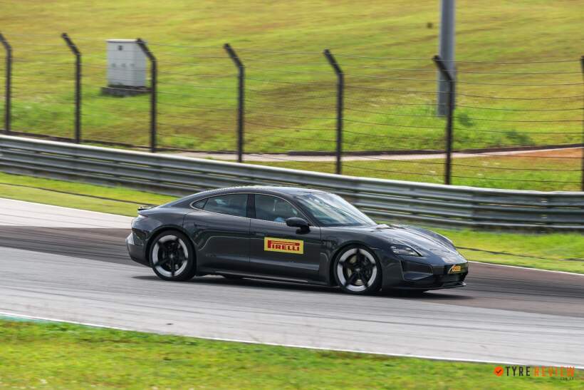Porsche Taycan testing Pirelli P Zero 5 tyres at high speed on a race circuit