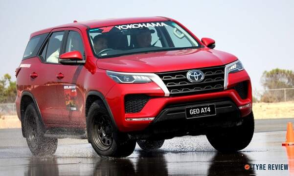 Toyota Fortuner equipped with Yokohama Geolandar AT G015 tyres during wet road handling test