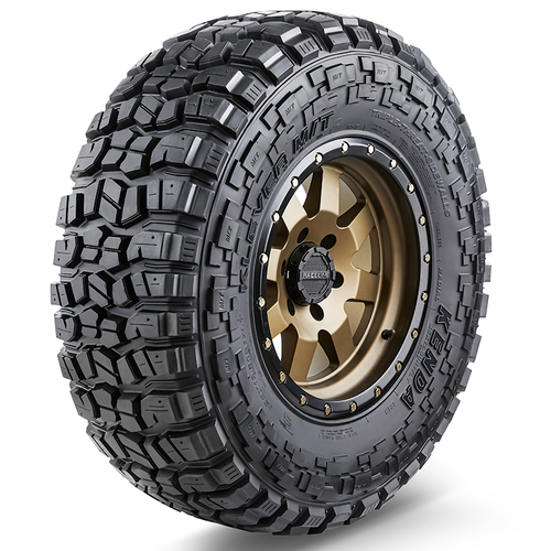 Kenda mud terrain tyre with aggressive deep tread pattern and bronze alloy wheel, isolated on white background
