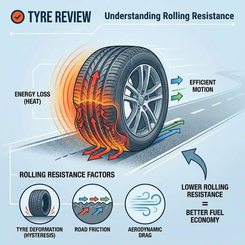 Illustration explaining tyre rolling resistance, showing heat energy loss from tyre deformation and factors affecting fuel efficiency