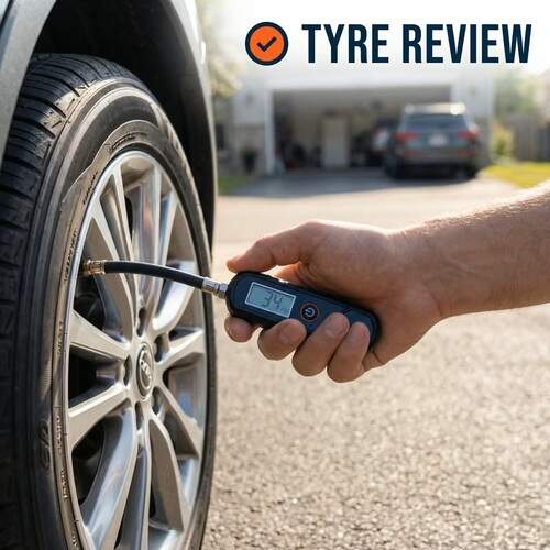 Hand holding a digital tyre pressure gauge connected to a car tyre valve in a residential driveway
