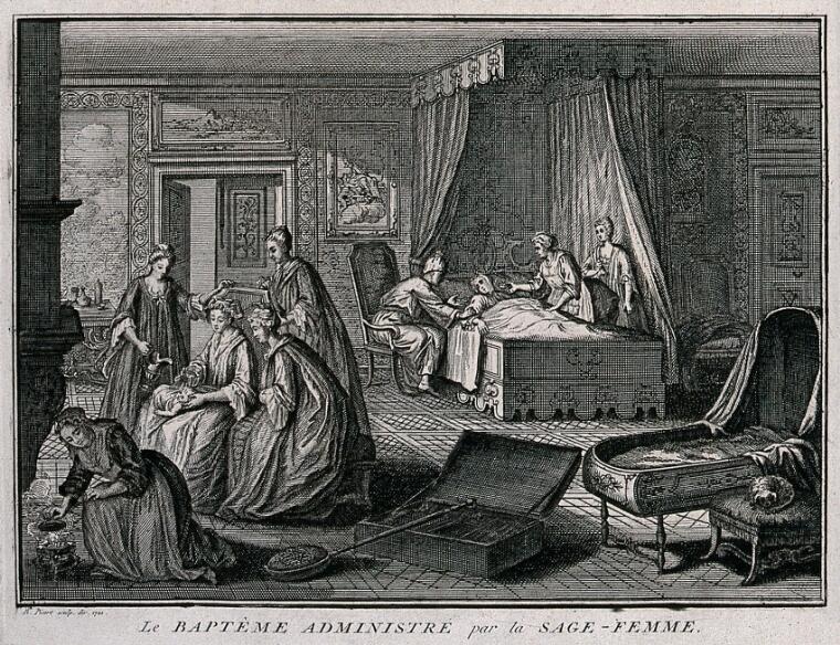 18th century etching showing a midwife working in a wealthy home. 