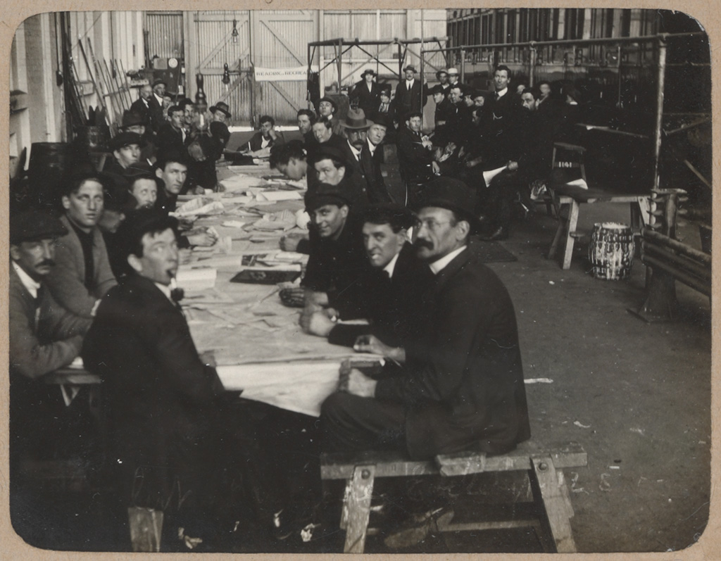 Photograph album of Eveleigh Workshops during the 1917 railway strike - Reading and Recreation Photograph album of Eveleigh Workshops during the 1917 railway strike - Reading and Recreation