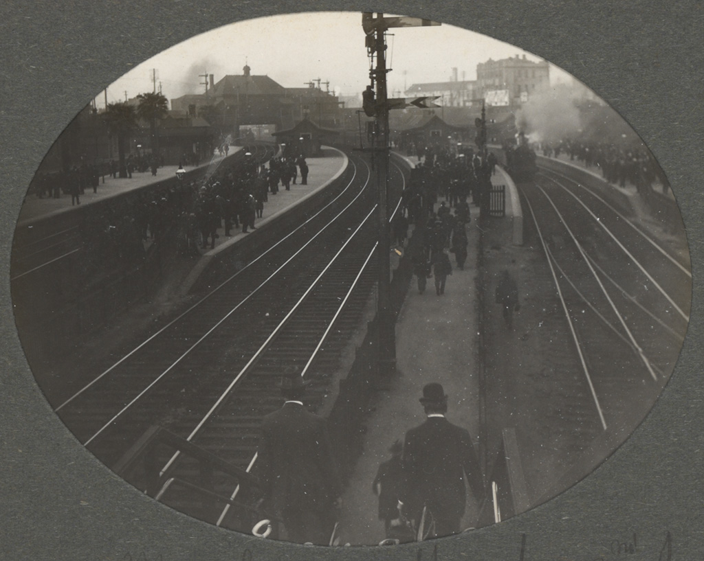 Photograph album of Eveleigh Workshops during the 1917 railway strike - Men leaving work Photograph album of Eveleigh Workshops during the 1917 railway strike - Men leaving work