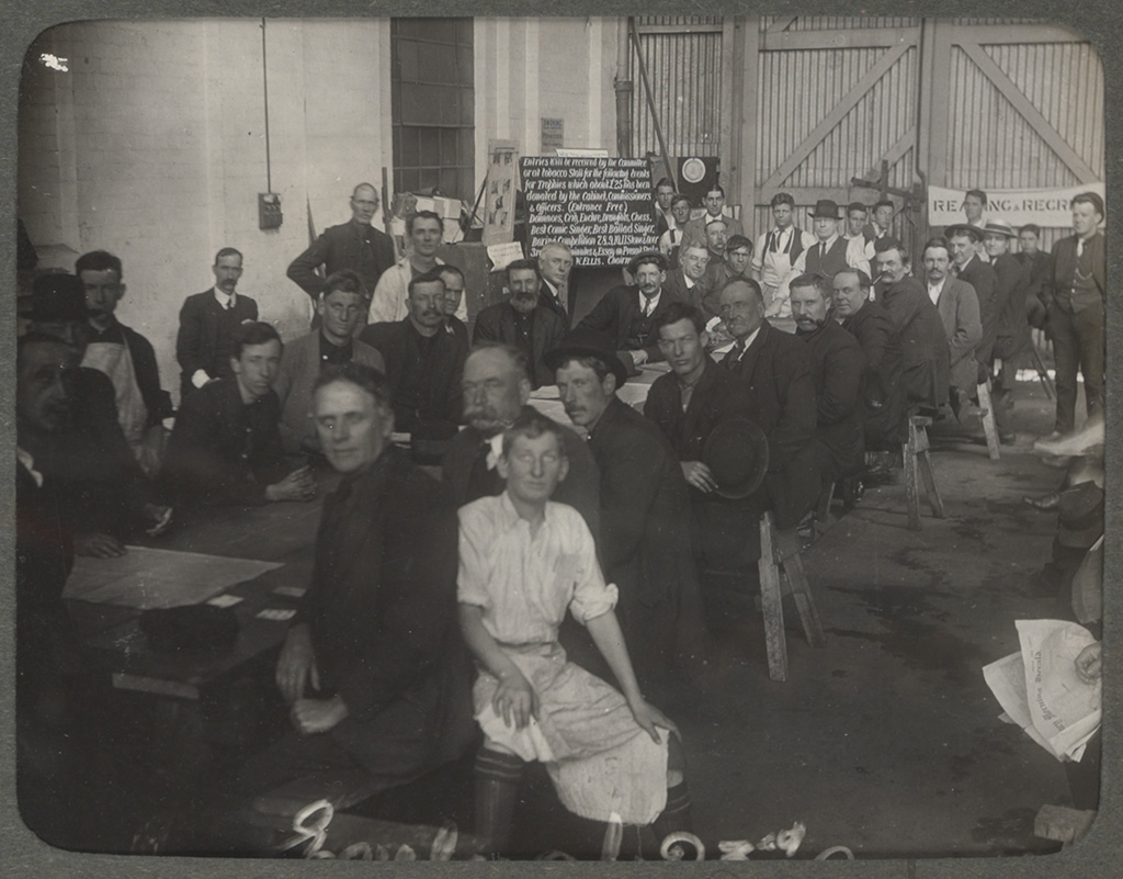 Photograph album of Eveleigh Workshops during the 1917 railway strike - Reading and recreation Photograph album of Eveleigh Workshops during the 1917 railway strike - Reading and recreation