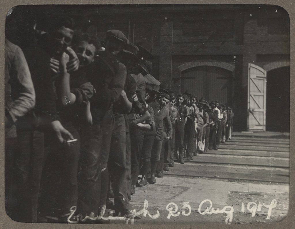 Photograph album of Eveleigh Workshops during the 1917 railway strike - Waiting for dinner Photograph album of Eveleigh Workshops during the 1917 railway strike - Waiting for dinner