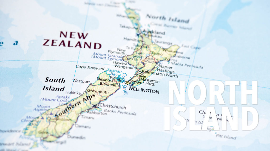 Photo map of New Zealand. Shallow depth of field, focus on the Wellington city of the map and the area nears it.