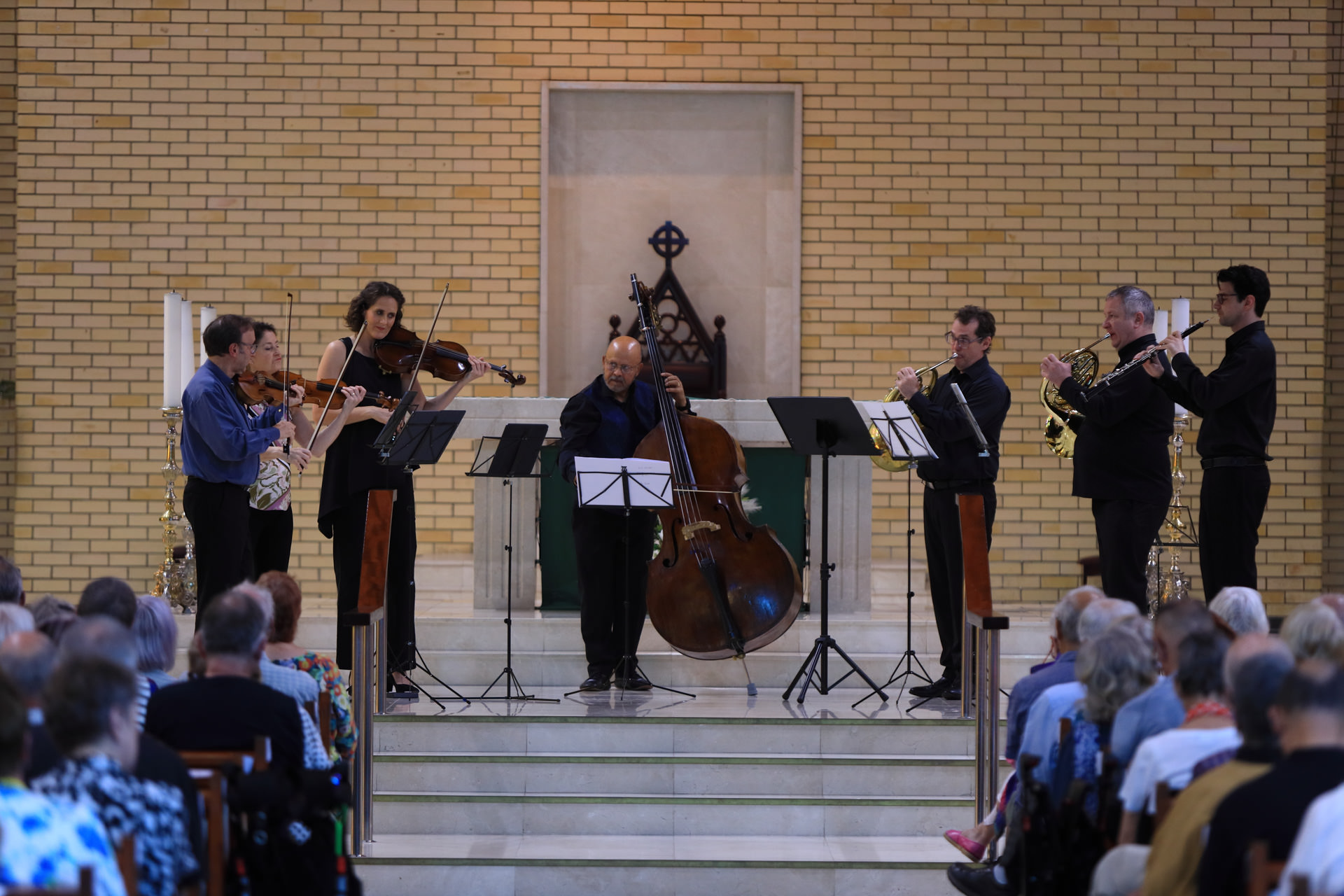 Performers on stage for Brahms's String Sextet No. 1, "All At Sixes and Sevens," St Monica's Cathedral, AFCM 2026