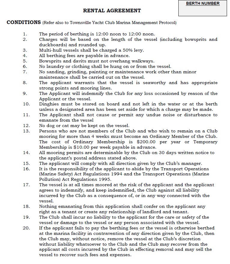 TYC Berth Rental Agreement