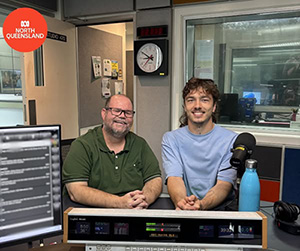 ABC North Queensland Breakfast presenter, Michael Clarke with Dameboy in the recording studio ABC North Queensland Breakfast show presenter, Michael Clarke with Dameboy in the ABC North Queensland recording studio