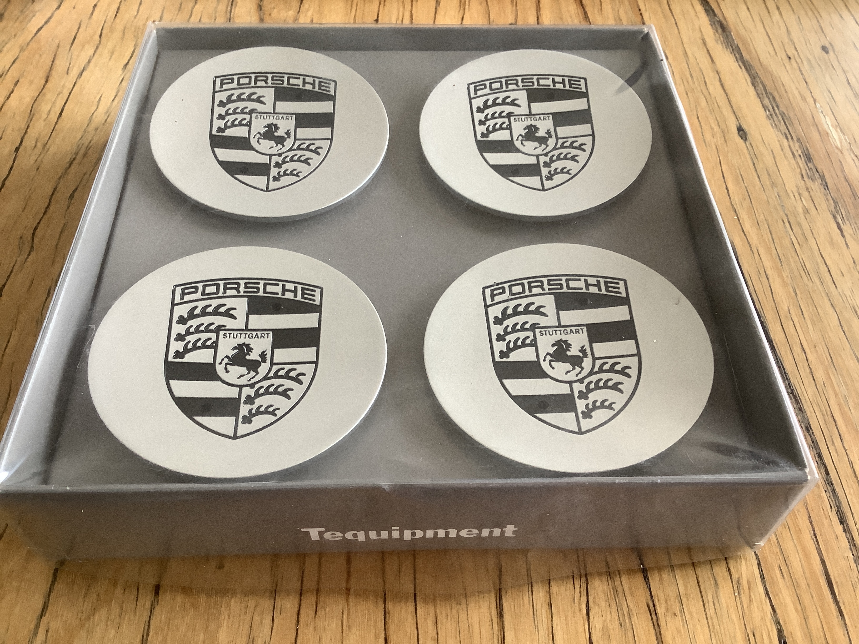 FS Porsche Wheel Centre Caps Black logo on silver 76mm diameter For