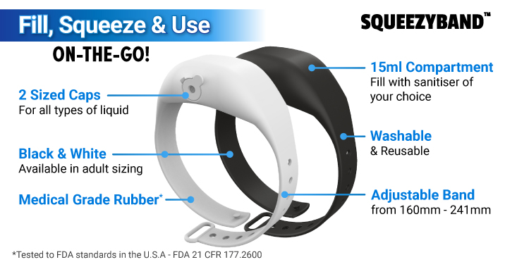 SQUEEZYBAND™ Wristband Hand Sanitizer | Buy 1, Get 1 More SQUEEZYBAND™ Wristband Hand Sanitizer | Buy 1, Get 1 More