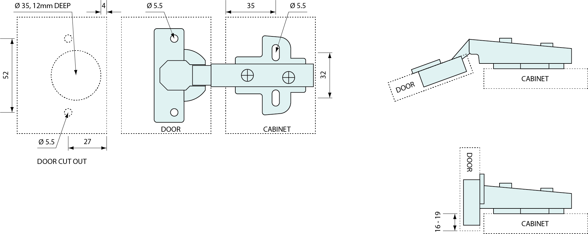 Self Closing Concealed Hinge Straight and Mount