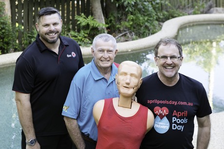 April Pools Day is no joke L r russell crawford australian red cross laurie lawrence john o brien ceo poolwerx small