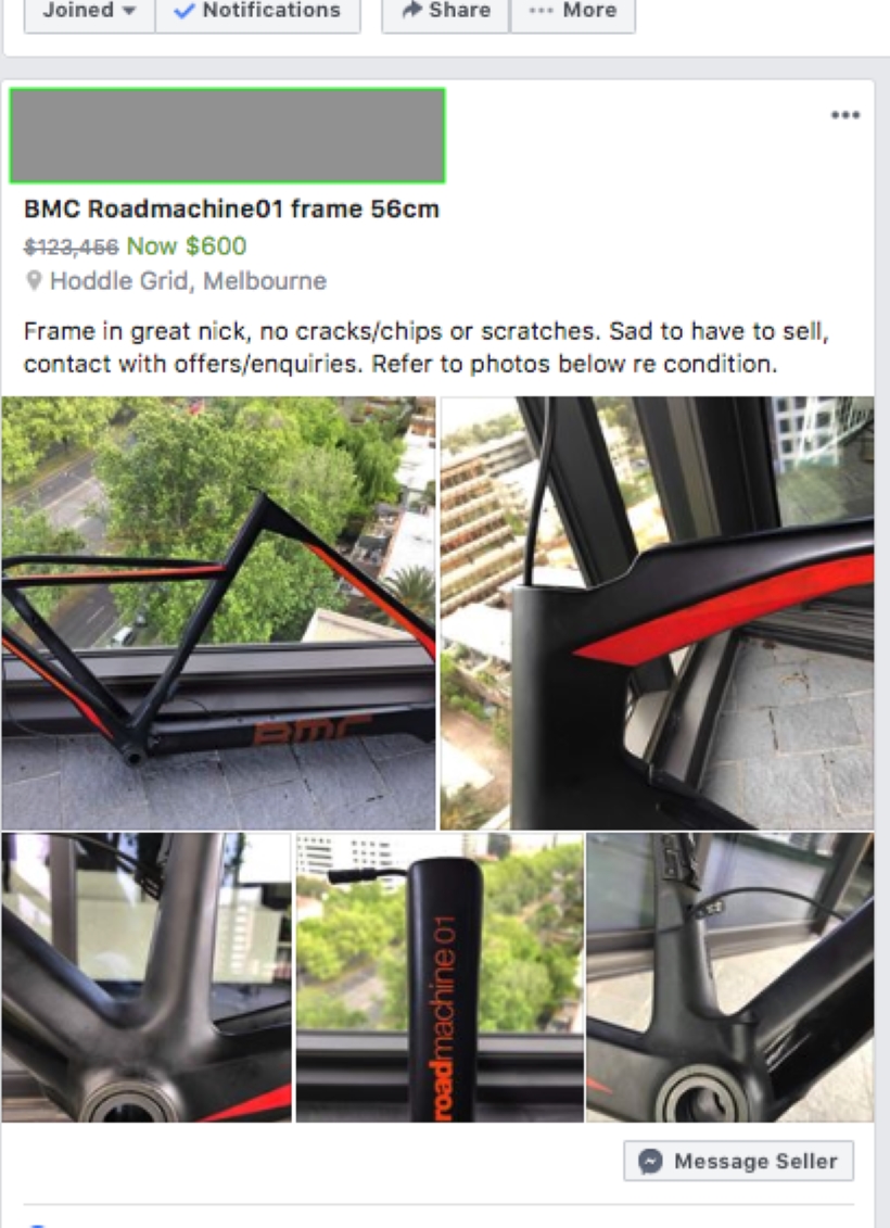 Facebook buy/sell listing for the stolen BMC