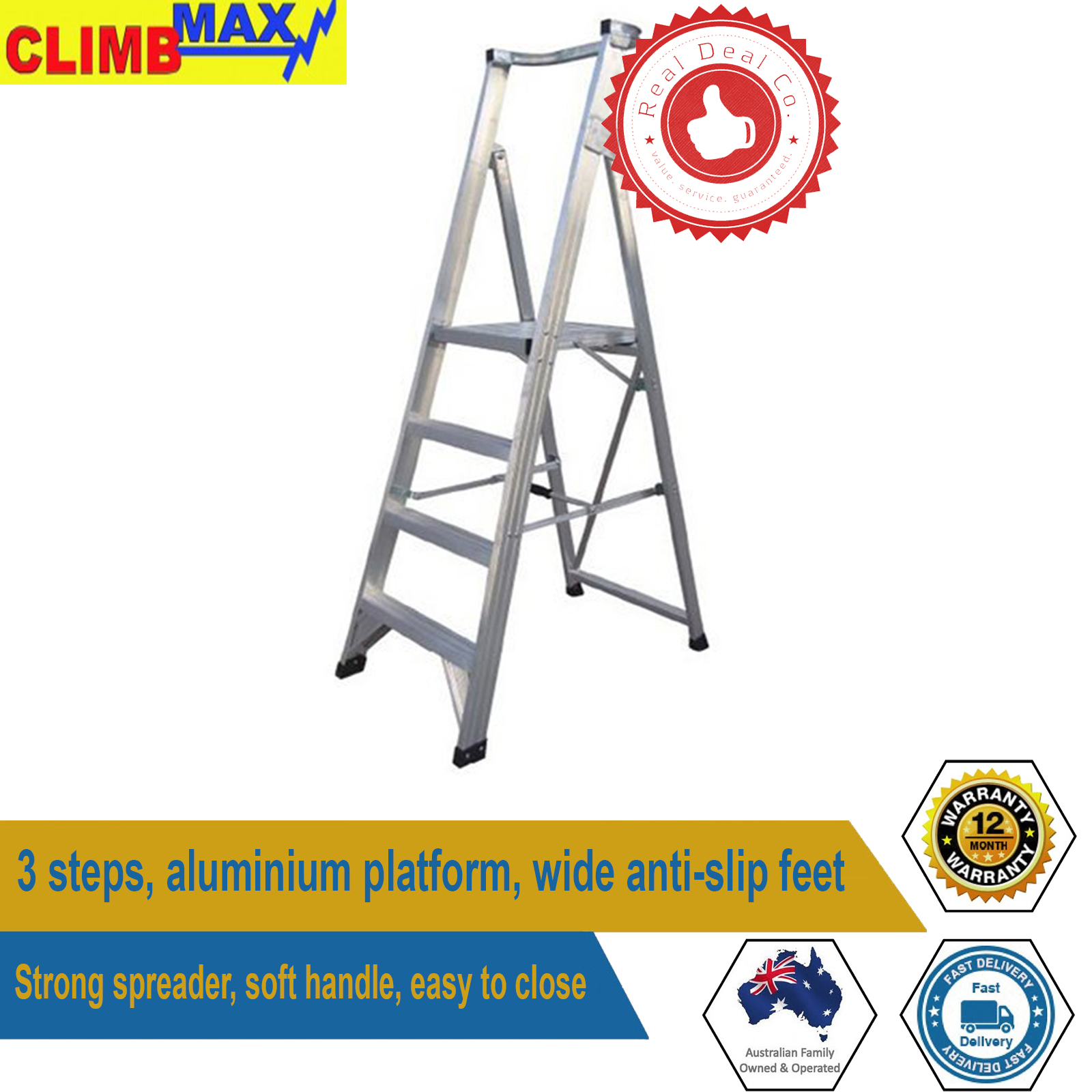 ClimbMax 3 Steps Aluminium Platform Ladder Fold 150Kg Load Australian