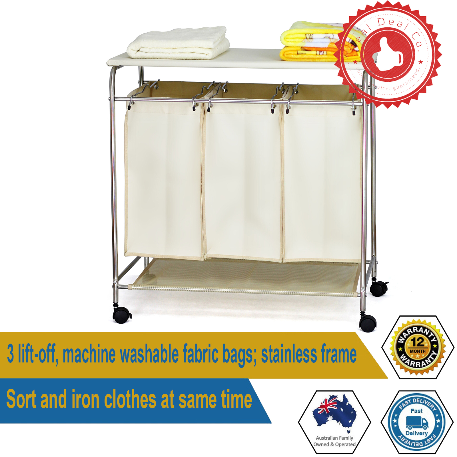 Triple Laundry Hamper with Ironing Board Sort and Iron Clothes Same