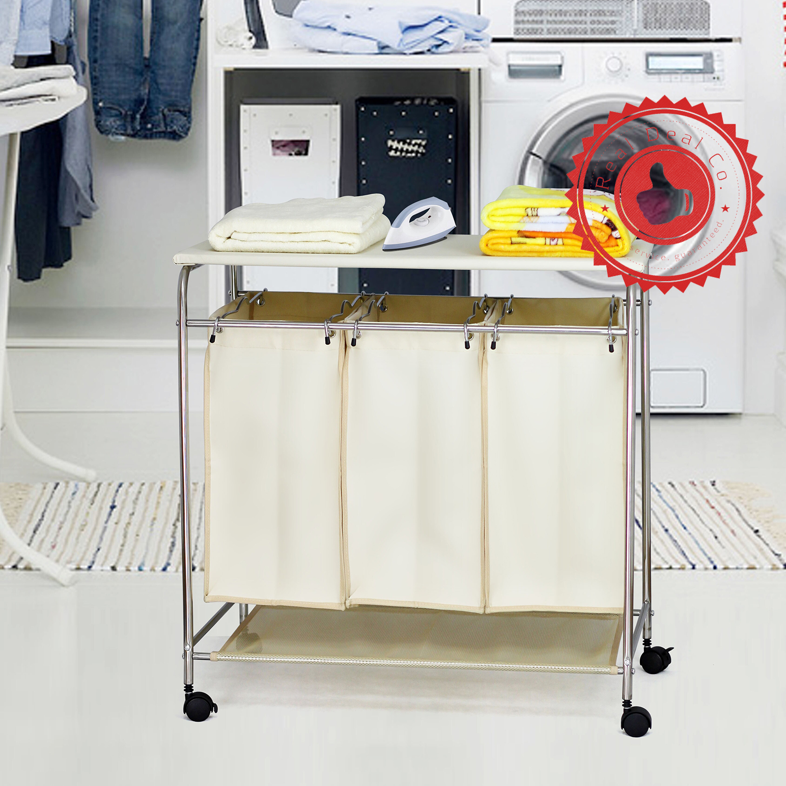 Triple Laundry Hamper with Ironing Board Sort and Iron Clothes Same