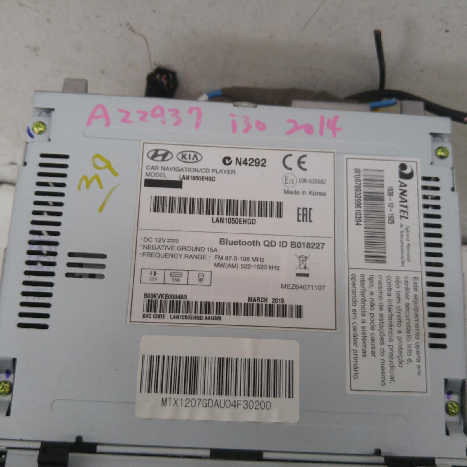 I30 Stereo/head Unit 2012-2017 7in touch screen,w/ sat nav,gd,03/12-02/17 partwh #250867