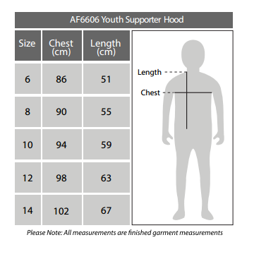 Sizing chart for Geelong Cats 2018 AFL Youth Logo Hoody