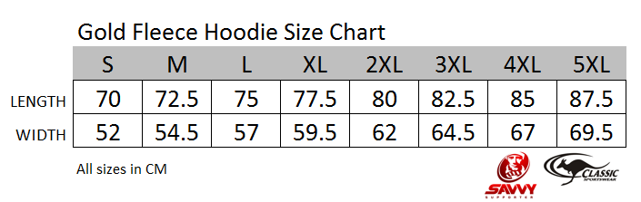 Sizing chart for New Zealand Warriors Gold Fleece Hoodie