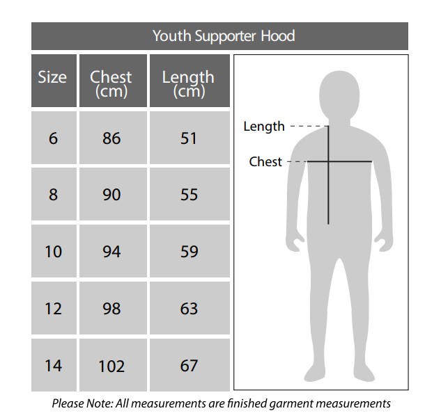 Sizing chart for Geelong Cats 2018 AFL Kids Supporter Hoody