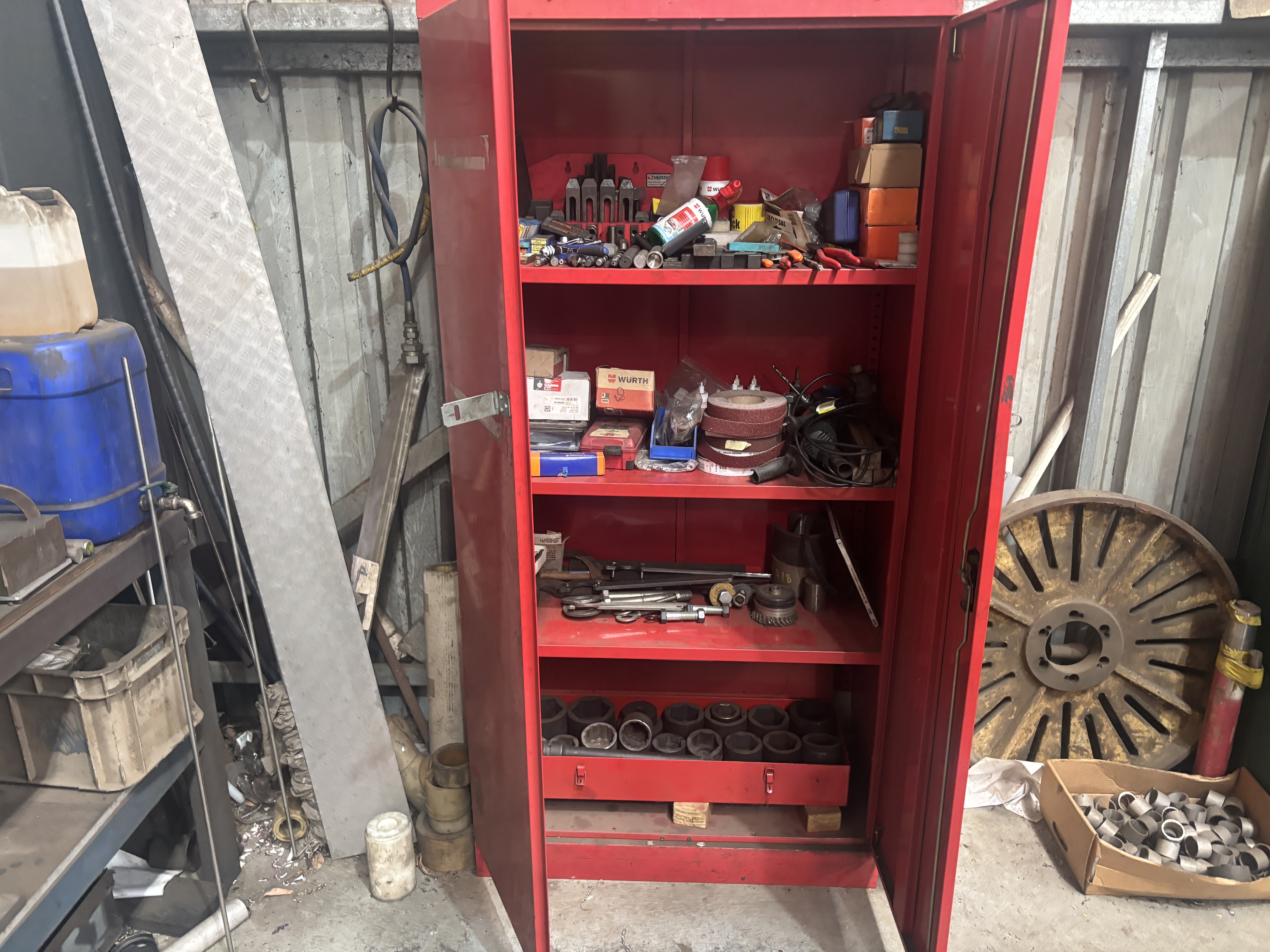 1 X Red Storage Cabinet inc LHS Contents