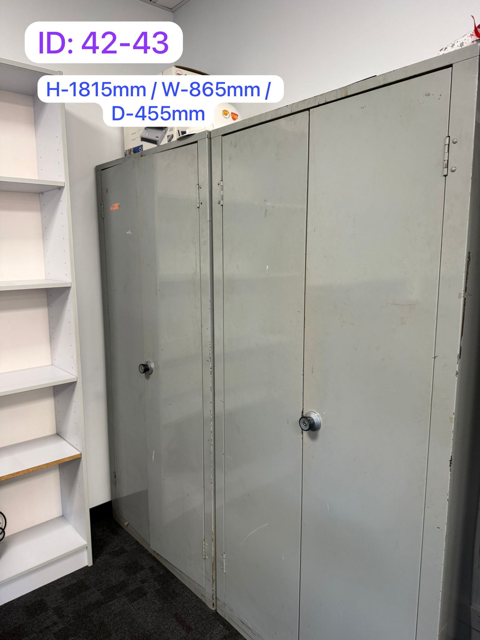 13 · 2x Grey Steel Full Height Stationery Storage Cabinets – Lockable, Adjustable Shelves, H1815 x W865 x D455mm